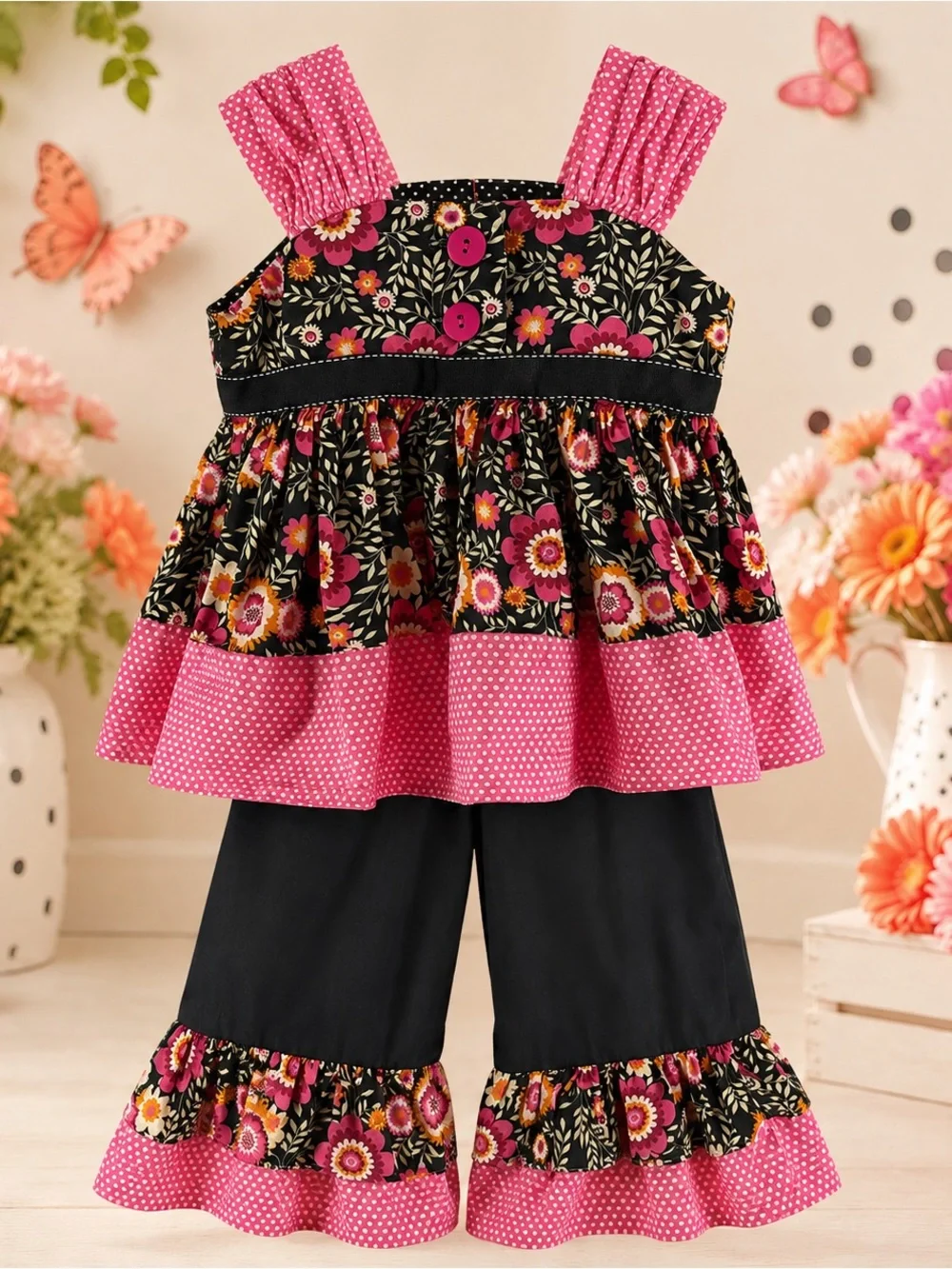 Smartie Britches Girls Size 2 Floral Polka Dot Ruffle Tunic Pants Set
